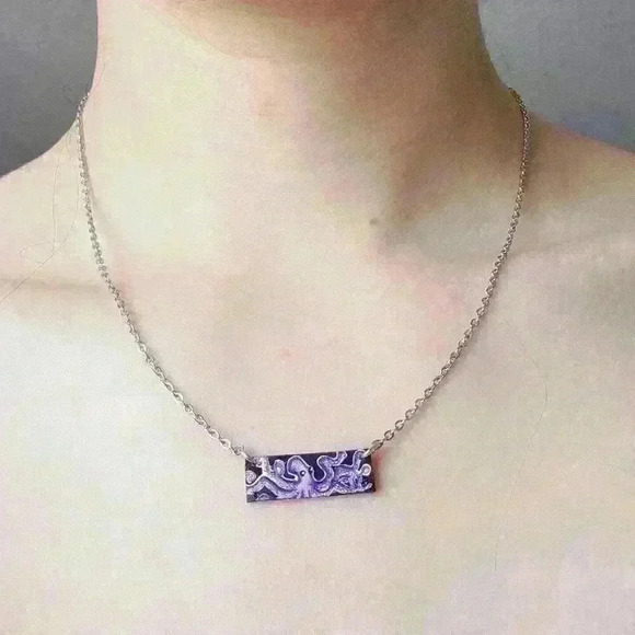 Octopus rectangle pendant on a small silver chain necklace  ✦ cute and dainty ✦ - Picture 1 of 7